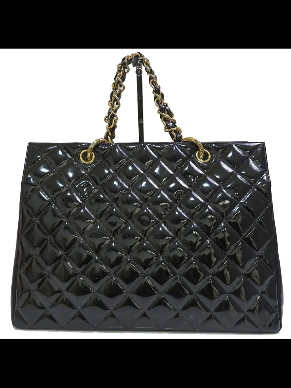 CHANEL Black Quilted Patent Leather Tote with Gold Chain Handles